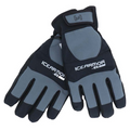Pair of gray and black insulated Clam Ice Armor EdgeX Gloves designed for cold weather ice fishing, featuring adjustable wrist straps and durable material for grip and protection.