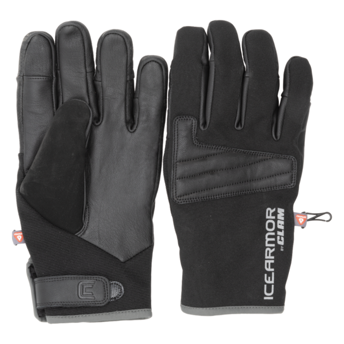 Clam Ice Armor Expedition Gloves in black, featuring durable synthetic and leather materials with reinforced palms and adjustable wrist straps, designed for cold-weather fishing activities.