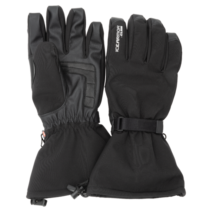 Pair of black Clam Ice Armor Extreme Gloves designed for cold weather fishing, featuring adjustable wrist straps, insulated fabric, and reinforced palm areas for durability and comfort.