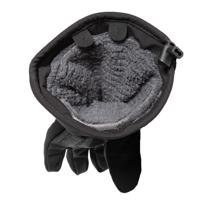 Clam Ice Armor Extreme Gloves shown from the top opening, highlighting the thick gray fleece lining and adjustable wrist closure for warmth and protection in cold fishing conditions.