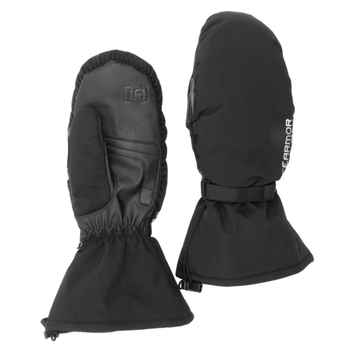 Clam Ice Armor Extreme Mitts in black, insulated mittens with extended cuffs and adjustable wrist straps designed for cold-weather fishing and outdoor activities.