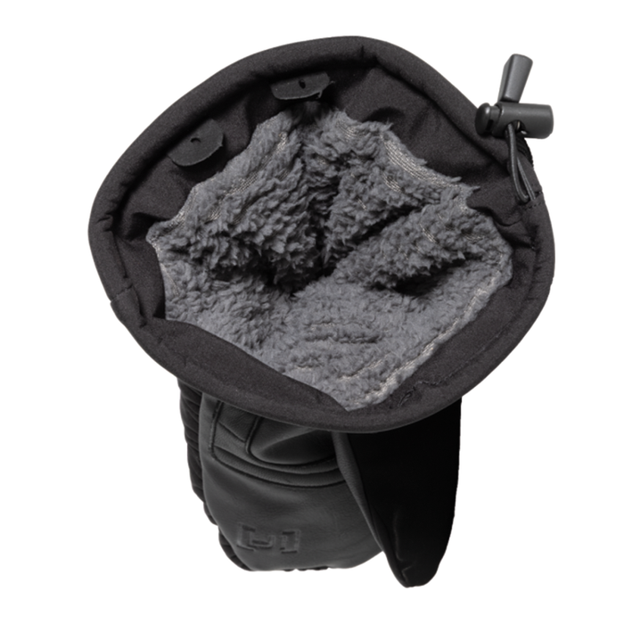 Clam Ice Armor Extreme Mitts showing the open top with gray fleece lining inside and black durable outer shell designed for cold weather fishing protection.