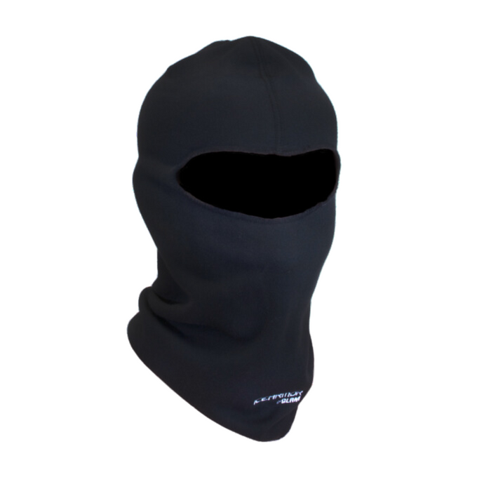 Clam Ice Armor Fleece Facemask in black, designed to cover the entire head and neck with a single eye opening, made from insulating fleece material for cold weather fishing protection.