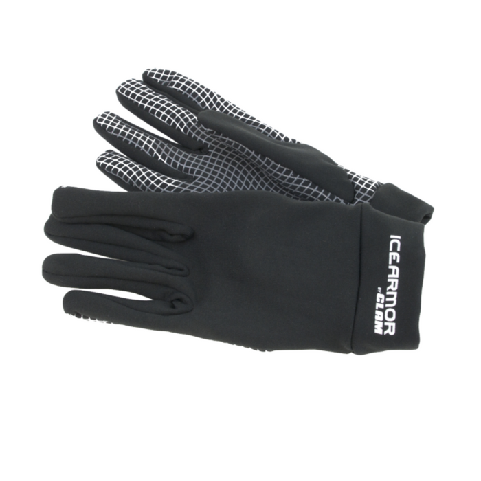 Pair of black Clam Ice Armor Fleece Grip Glove with textured grip pattern on palm and fingers, designed for cold weather fishing and outdoor use.