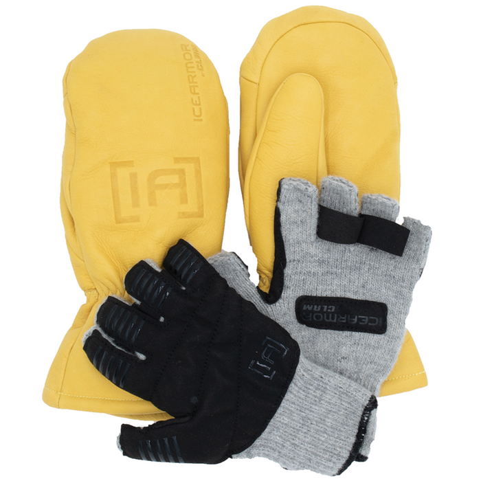 Clam Ice Armor Insulated Chopper Combo includes durable yellow insulated mittens and gray fingerless gloves with black grips designed for cold weather fishing.