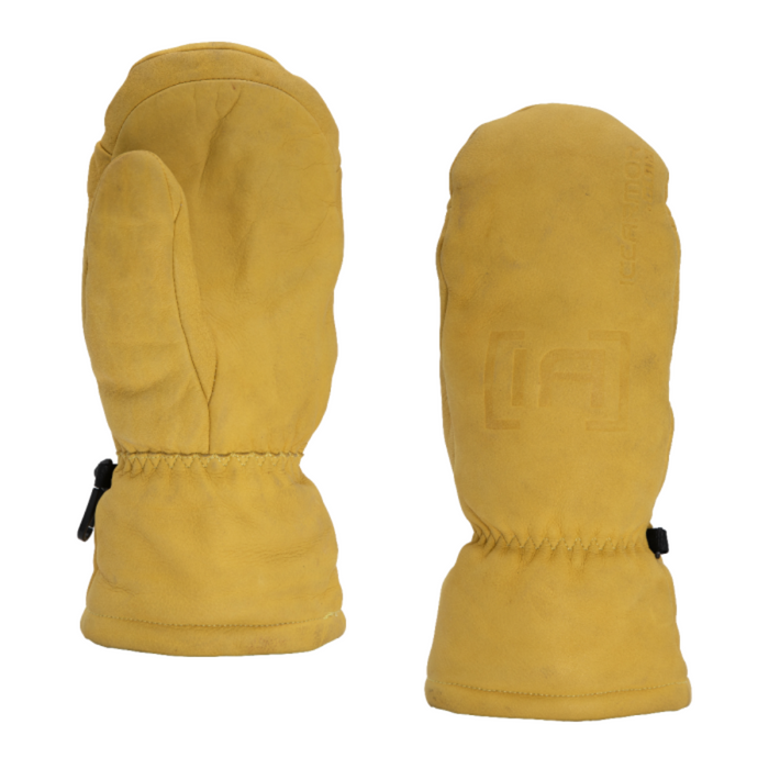 Pair of tan insulated mittens with reinforced stitching and elasticized wrists designed for cold weather, shown front and back, Clam Ice Armor Insulated Chopper.