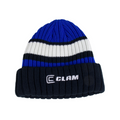 Clam Ice Armor Knit Stocking Cap in blue, white, and black ribbed knit with a folded cuff featuring the Clam logo, designed for warmth and comfort during ice fishing.