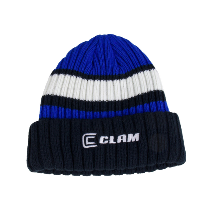 Clam Ice Armor Knit Stocking Cap in blue, white, and black ribbed knit with a folded cuff featuring the Clam logo, designed for warmth and comfort during ice fishing.