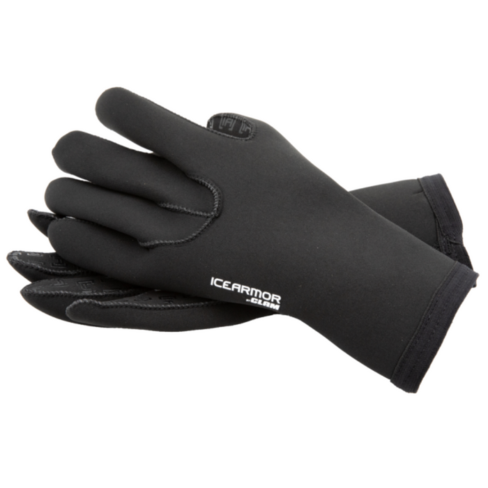 Pair of black Clam Ice Armor Neoprene Grip Gloves designed for cold weather fishing, featuring a smooth neoprene exterior with textured grip palms for enhanced handling of fishing tackle.