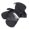 Clam Ice Armor Renegade Mitts in black with insulated, durable exterior, reinforced palm, adjustable wrist strap, designed for warmth and protection during ice fishing.