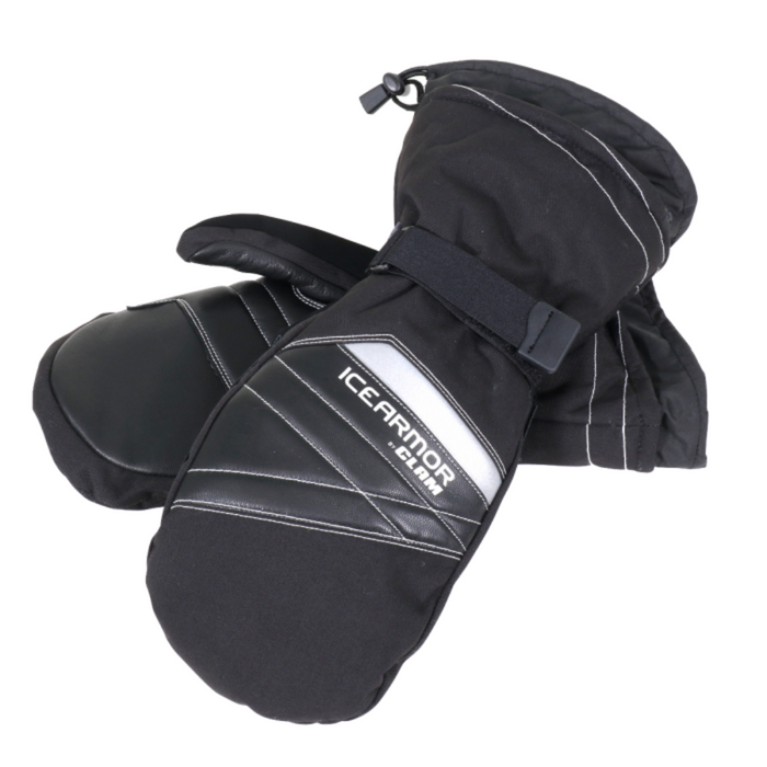 Clam Ice Armor Renegade Mitts in black with insulated, durable exterior, reinforced palm, adjustable wrist strap, designed for warmth and protection during ice fishing.