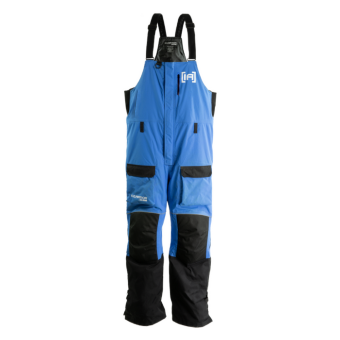Clam Ice Armor Rise V3 Float Bib in blue with black reinforced knee and lower leg panels, adjustable black shoulder straps, multiple pockets, and front zipper closure designed for ice fishing protection and comfort.