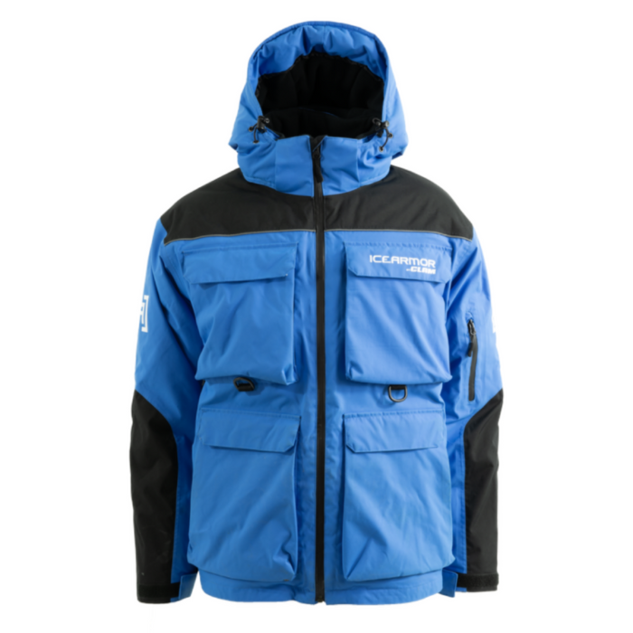 Clam Ice Armor Rise V3 Float Parka in blue and black with multiple front pockets, a high collar, and a hood designed for cold weather outdoor activities like ice fishing.