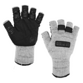 Clam Ice Armor Wooly Fingerless Gloves in gray with black grip patches on palms, knit fabric, and open fingertips for dexterity, designed for cold-weather fishing activities.