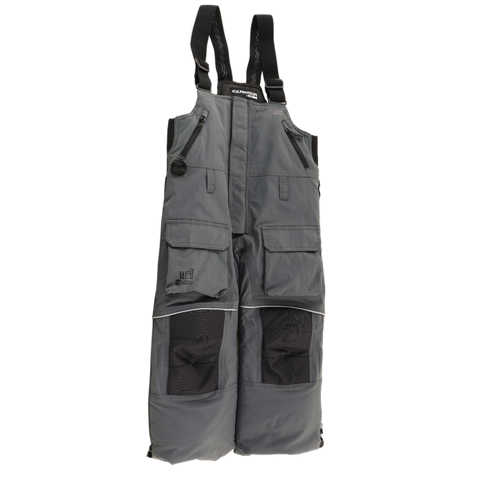 Clam Ice Armor Youth Rise Float Bib in gray with adjustable black shoulder straps, multiple zippered and flap pockets, reinforced knee panels, and a durable water-resistant fabric designed for youth ice fishing.