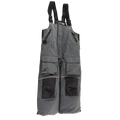 Clam Ice Armor Youth Rise Float Bib in gray with adjustable black shoulder straps, multiple zippered and flap pockets, reinforced knee panels, and a durable water-resistant fabric designed for youth ice fishing.