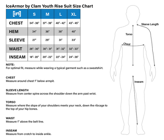 Size chart for Clam Ice Armor Youth Rise Float Bib showing measurements for chest, hem, sleeve, waist, and inseam in sizes S, M, L, and XL, with a diagram illustrating measurement locations on the body.