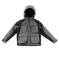 Clam Ice Armor Youth Rise Float Parka in gray and black with a hood, multiple zippered and flap pockets, designed for warmth and flotation during ice fishing or outdoor activities.