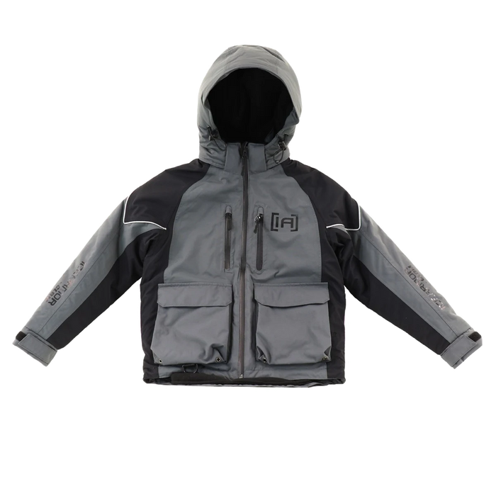 Clam Ice Armor Youth Rise Float Parka in gray and black with a hood, multiple zippered and flap pockets, designed for warmth and flotation during ice fishing or outdoor activities.