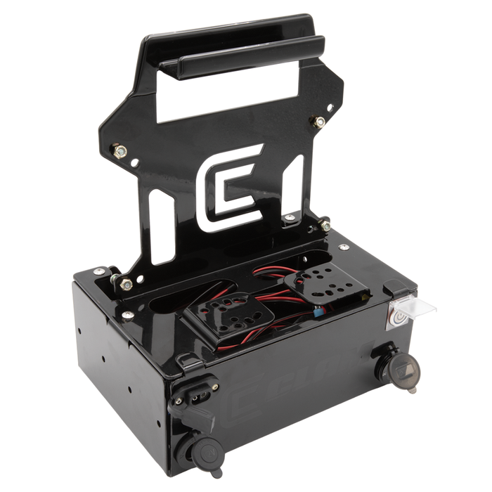 Black durable portable device with handle, mounting bracket, and wiring connections designed for ice fishing use, shown open to reveal interior components, Clam Ice Electronics Shuttle.