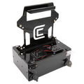 Black durable portable device with handle, mounting bracket, and wiring connections designed for ice fishing use, shown open to reveal interior components, Clam Ice Electronics Shuttle.