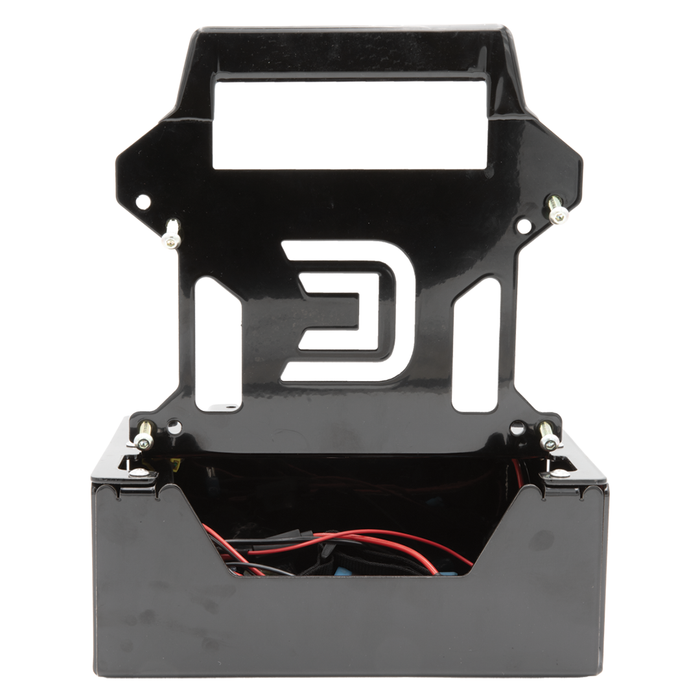 Black metal mounting bracket with integrated wiring compartment and cutout logo, designed for organizing marine electronics, shown open and empty, Clam Ice Electronics Shuttle.