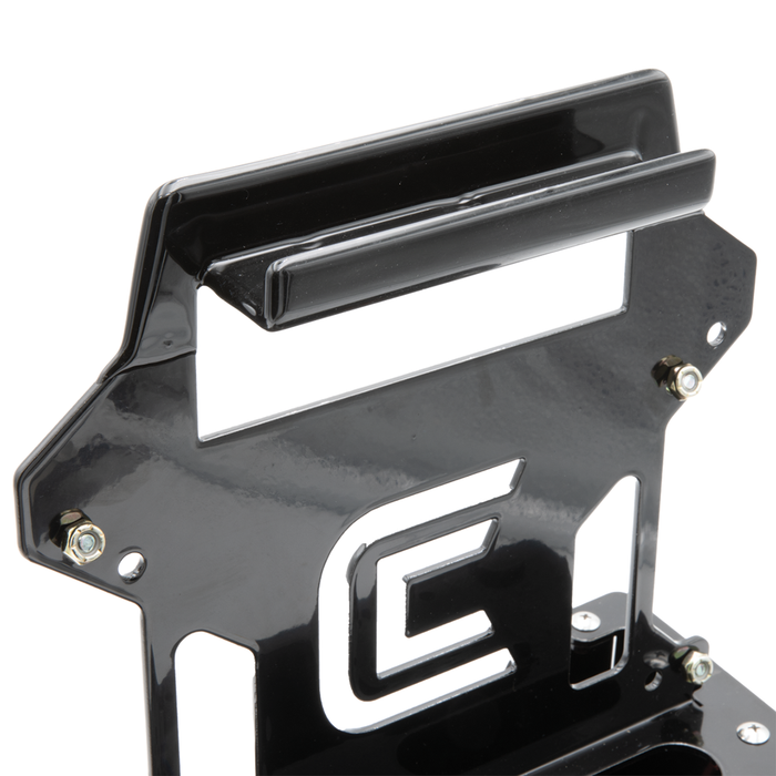 Close-up view of the black metal Clam Ice Electronics Shuttle featuring a sturdy handle and mounting holes, designed for securely holding marine electronics during ice fishing.