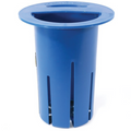 Blue cylindrical fishing accessory designed to store live bait, featuring vertical slits for water circulation and a wide rim for easy placement, known as Clam Ice Well - Live Well.