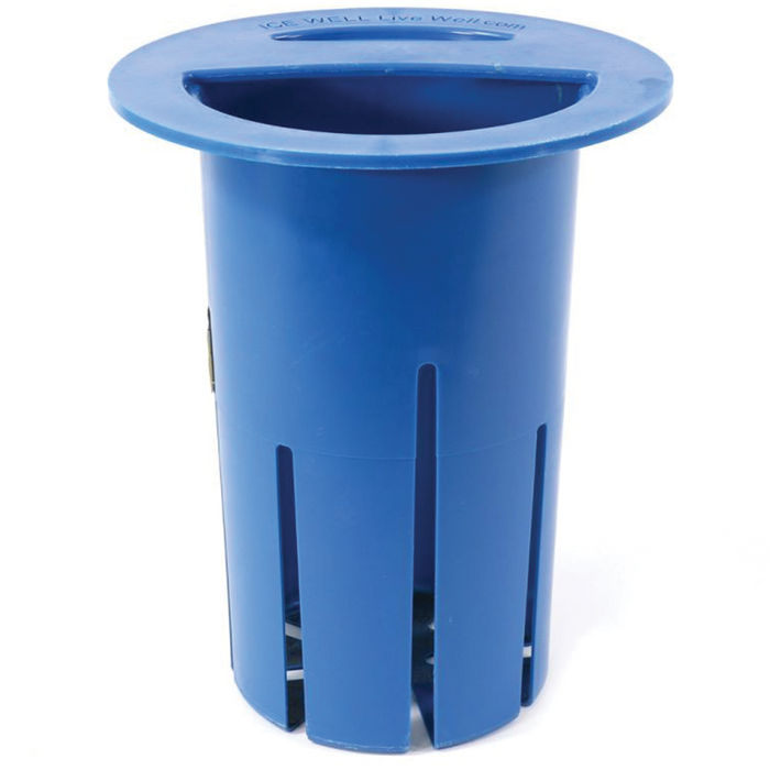 Blue cylindrical fishing accessory designed to store live bait, featuring vertical slits for water circulation and a wide rim for easy placement, known as Clam Ice Well - Live Well.