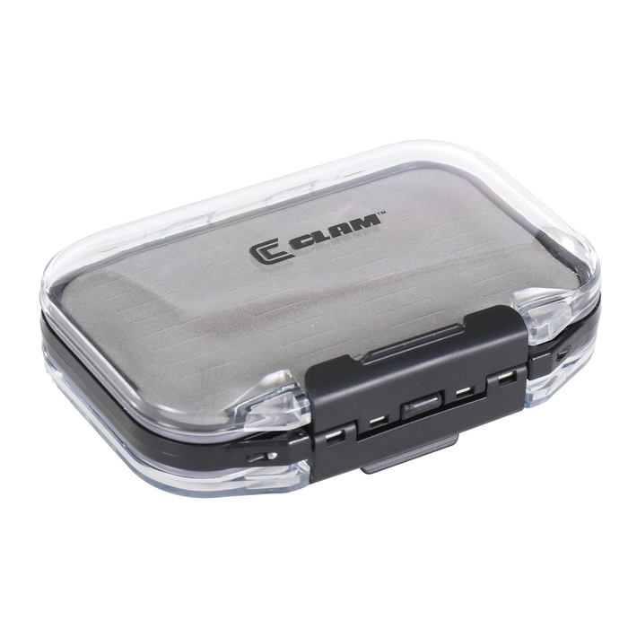 Clam Jig Box with clear plastic lid and secure black latch, compact design for organizing and storing fishing tackle jigs and lures safely.