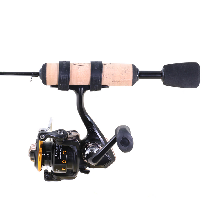 Clam JM Dead Meat Graphite Combo fishing rod and reel with a light cork handle, black graphite body, and black and gold spinning reel designed for musky and ice fishing.