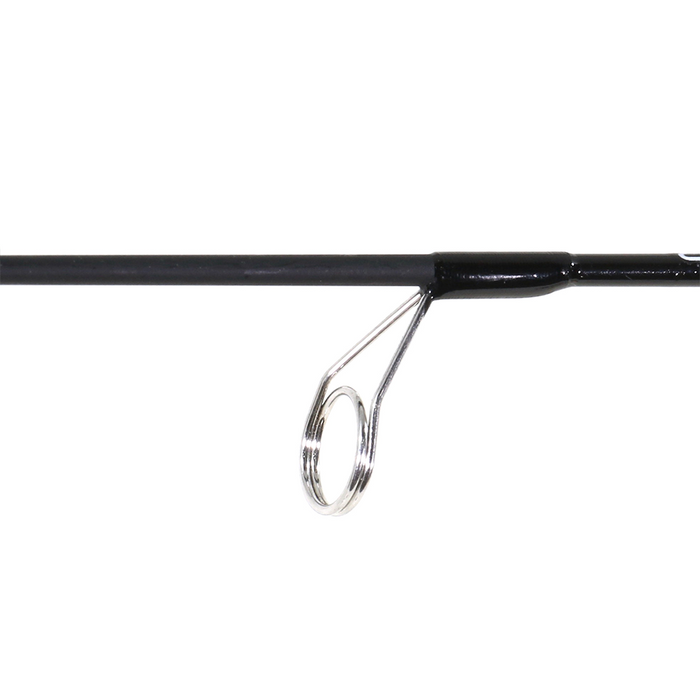 Close-up of the black graphite fishing rod section with silver guide ring on Clam JM Dead Meat Graphite Combo, designed for precision and durability in fishing tackle.