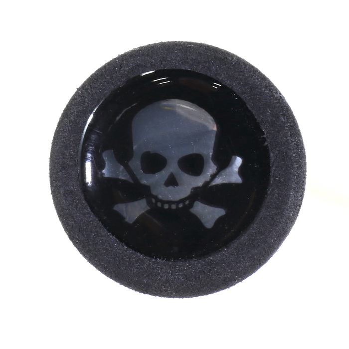 Close-up view of a black circular fishing rod handle cap featuring a glossy skull and crossbones design, part of the Clam JM Dead Meat Graphite Combo fishing rod and reel combo.