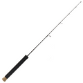 Clam Katana Ice Rod featuring a slim, lightweight black shaft with several line guides and a grip handle wrapped in black material with a beige end cap, designed for ice fishing.