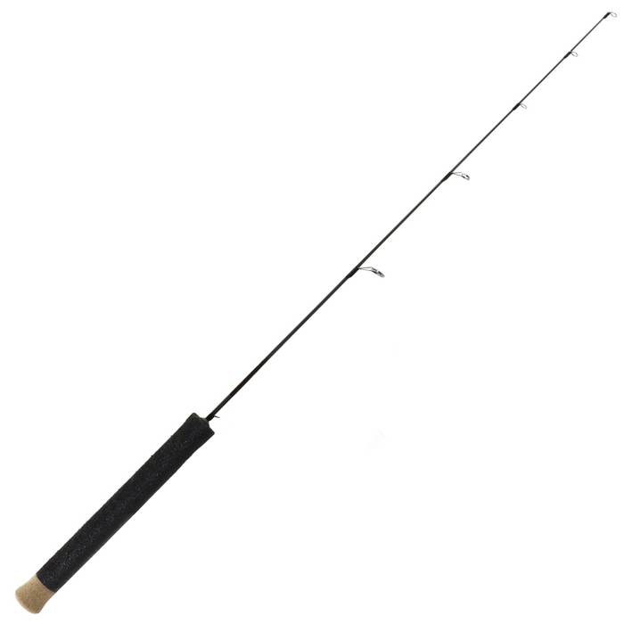 Clam Katana Ice Rod featuring a slim, lightweight black shaft with several line guides and a grip handle wrapped in black material with a beige end cap, designed for ice fishing.