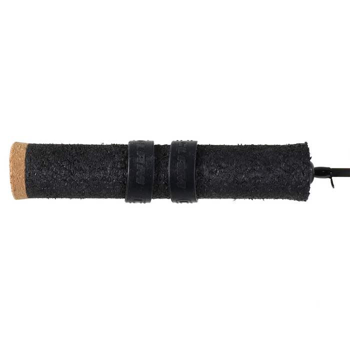 Close-up view of the black textured grip handle with cork end and dual black rings on the Clam Katana Ice Rod, designed for secure and comfortable ice fishing use.