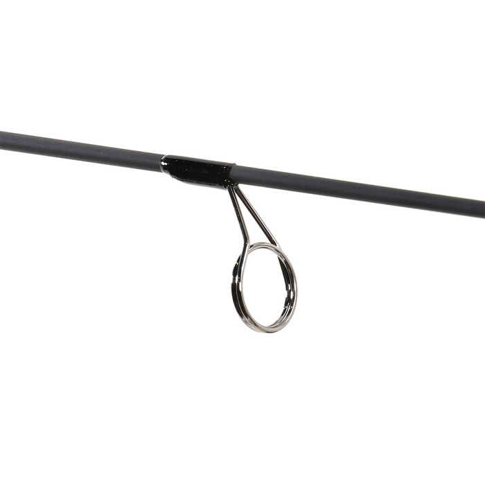 Close-up of the black graphite tip and stainless steel guide ring on the Clam Katana Ice Rod, designed for enhanced durability and smooth fishing line movement.