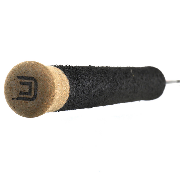 Close-up view of the textured black handle with a cork end cap featuring a logo on the Clam Katana Ice Rod designed for ice fishing.