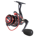 Clam Katana Reel spinning fishing reel with black and red metal body, ergonomic handle with foam grip, designed for smooth casting and durable performance in fishing tackle.