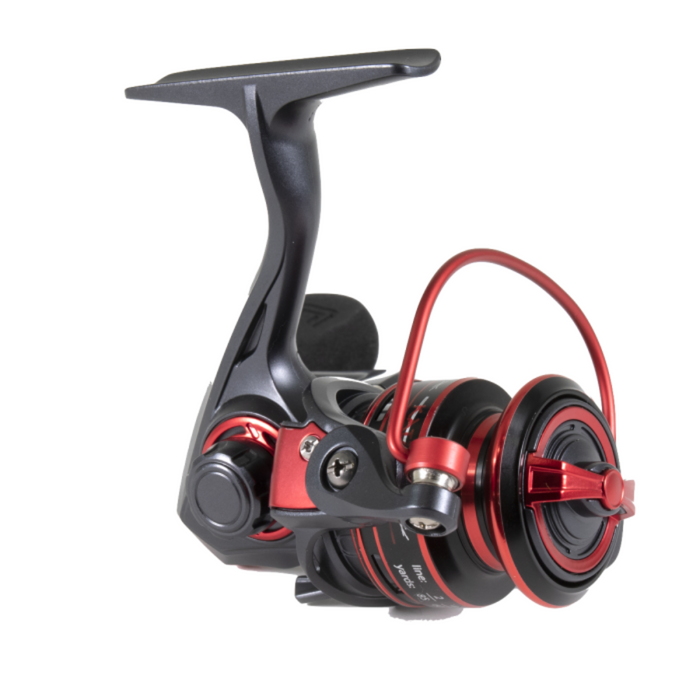 Clam Katana Reel featuring a sleek black and red design, durable metal construction, ergonomic handle, and smooth spool ideal for fishing tackle and rod setups.