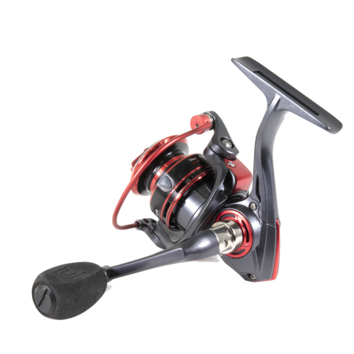 Clam Katana Reel with sleek black and red design, featuring ergonomic handle, durable construction, and smooth spool ideal for fishing rods and reels in musky and ice fishing gear.