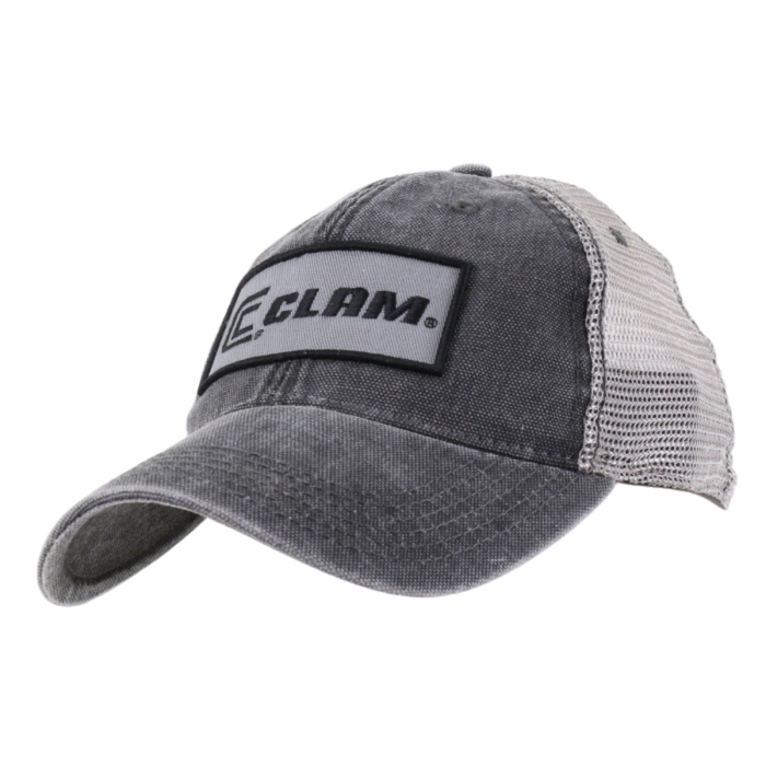 Clam Legacy Trucker Hat in faded black with a mesh back for breathability and a curved brim, featuring a stitched rectangular logo patch on the front.
