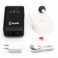 Clam Lithium Aerator 2.0 with black compact control unit featuring buttons for intermittent, power, and pressure settings, connected clear tubing with air stone, USB charging cable, and white power adapter.