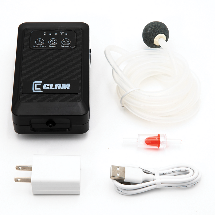 Clam Lithium Aerator 2.0 with black compact control unit featuring buttons for intermittent, power, and pressure settings, connected clear tubing with air stone, USB charging cable, and white power adapter.