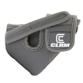 Gray protective cover made of durable fabric with Velcro strap and Clam logo, designed for securing and shielding marine electronics, identified as Clam Live Imaging Transducer Covers.