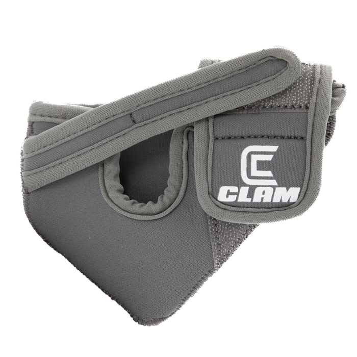 Gray protective cover made of durable fabric with Velcro strap and Clam logo, designed for securing and shielding marine electronics, identified as Clam Live Imaging Transducer Covers.