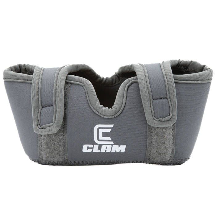 Gray padded protective cover with adjustable straps featuring the Clam logo, designed for Clam Live Imaging Transducer Covers to safeguard fishing tackle marine electronics.