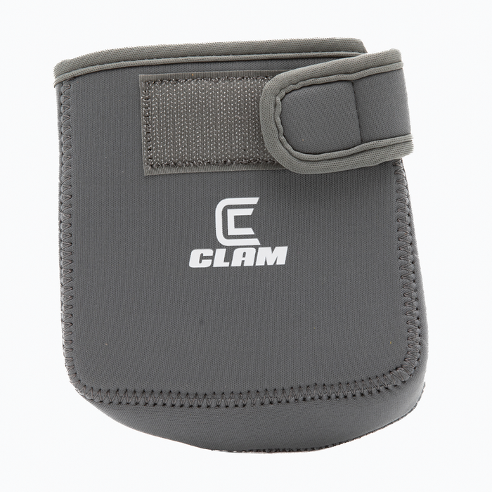 Gray neoprene Clam Live Imaging Transducer Covers with a hook and loop strap closure and logo on the front, designed to protect marine electronics from damage.