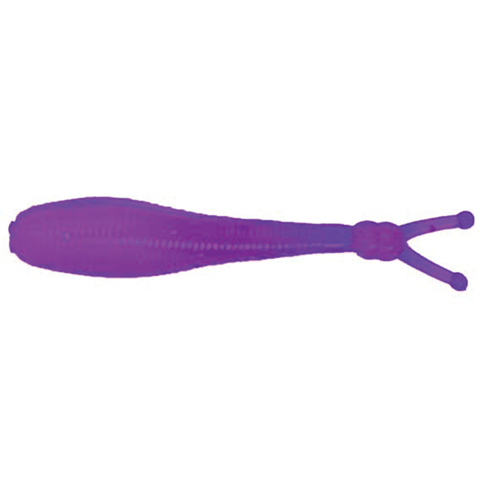 Clam Niku Bolt Minnow fishing lure in purple with a soft, ribbed body and two forked tail appendages designed to attract fish.