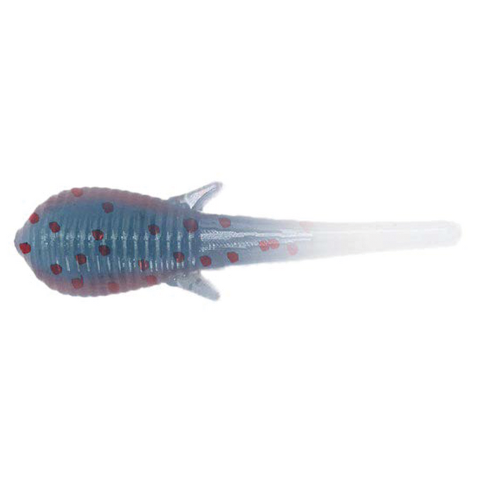 Clam Niku Soldier Fly fishing lure in translucent blue with red spots, designed for effective musky fishing and compatible with fishing tackle setups.